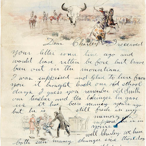 Handwritten and painted letter from Charlie Russell